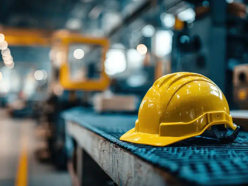 Schutzhelm als Symbol für Arbeitsschutz: Gelber Helm auf einer Werkbank in einer Industriehalle, im Hintergrund unscharfe Maschinen und Arbeitsbereiche.